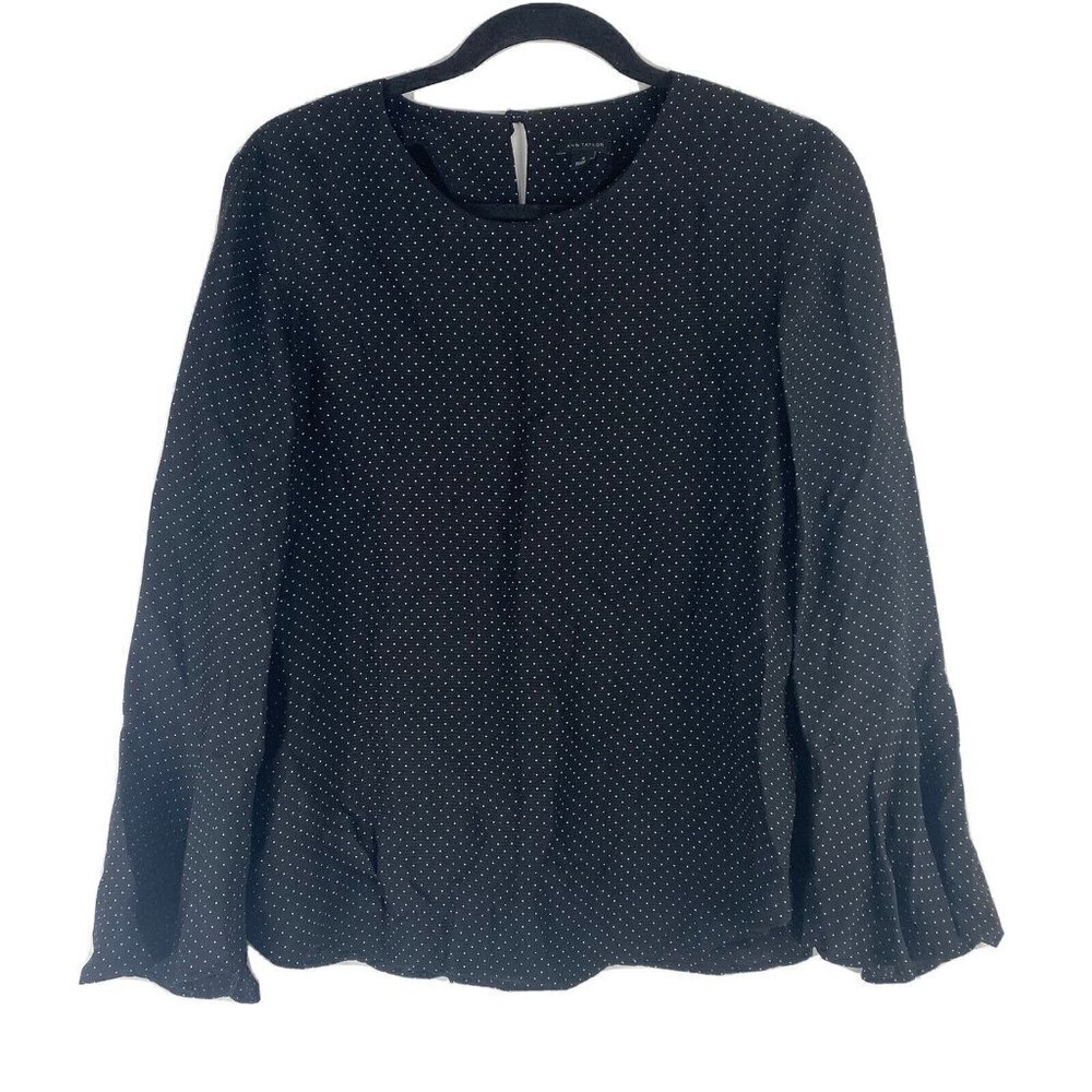 Ann Taylor Womens Polka Dot Blouse Size S Bell Sleeve Black Cream Round Neck